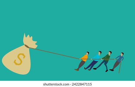 Vector illustration of several people together pulling a big bag of money with a rope on a green background