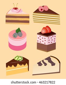 Vector illustration of several pieces of cakes and pastries