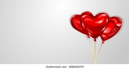 Vector illustration with several red heart-shaped helium balloons on white background