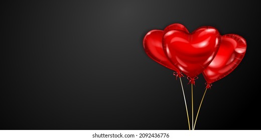 Vector illustration with several red heart-shaped helium balloons on black background