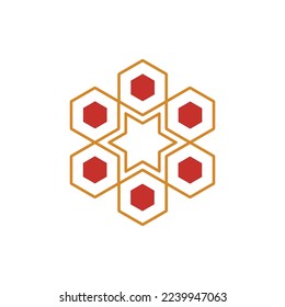 vector illustration of several red and orange hexagons and and stars. great for logos or motifs.