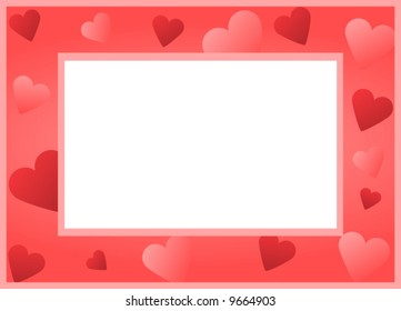 ilustración vectorial con varios corazones rojos y rosados y un espacio en blanco en el medio, que se utilizará como marco de imagen o texto o fondo