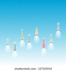Vector illustration of several rockets (with base of lightbulbs as propulsions) launching up to space.