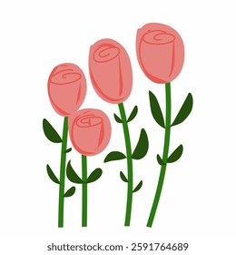 Vector illustration of several rose stems with blooming flowers and lush leaves, featuring soft gradients and natural curves. Elegant and detailed, perfect for floral designs, romantic themes.