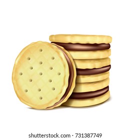 Vector illustration of several sandwich-cookies with chocolate filling, isolated on white background in realistic style.