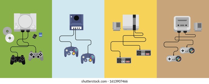 vector illustration several sets of video game consoles and game tapes 
 flat cartoon style
