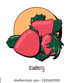 Vector illustration of several strawberries on a light background with handwritten name.