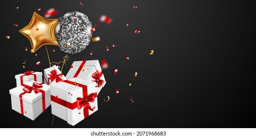Vector illustration with several white gift boxes with red ribbons and bows, golden and silver balloons and small blurry pieces of serpentines on black background