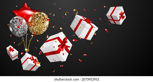 Vector illustration with several white gift boxes with red ribbons and bows, golden and silver balloons and small blurry pieces of serpentines on black background