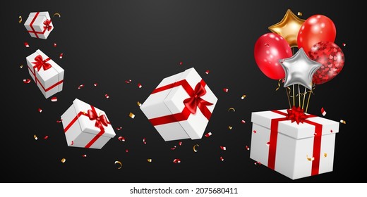 Vector illustration with several white gift boxes with red ribbons and bows, golden and silver balloons and small blurry pieces of serpentines on black background