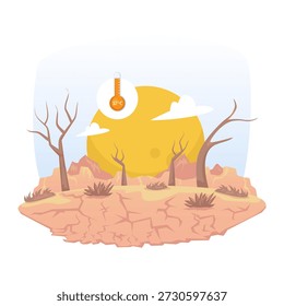 Vektorgrafik einer schweren Dürrekatastrophe, in der rissiges und trockenes Land unter extremer Hitze, Auswirkungen des Klimawandels, globaler Erwärmung und Umweltkrisen gezeigt wird, Flachdesign
