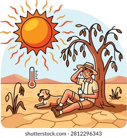 Vector illustration of a severe heatwave showing a dehydrated traveler resting with a dog under the blazing sun in a dry, drought-stricken landscape, highlighting extreme summer temperatures and clima