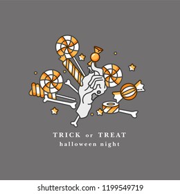 Vector illustration of severed zombie hand holding the candy. Happy Holloween party card with typography