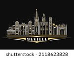 Vector illustration of Seville, dark horizontal poster with linear design famous seville city scape on nighttime sky background, urban line art concept with decorative lettering for word seville