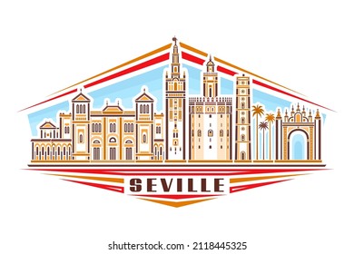 Vector illustration of Seville, horizontal logo with linear design famous seville city scape on day sky background, european urban line art concept with decorative lettering for brown word seville