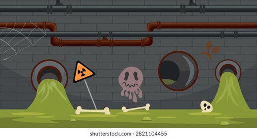 Vector illustration of sewage systems with toxic waste. Cartoon scene, toxic waste, chemicals flowing from pipes, sewage, radiation system signs, skulls, bones, brick walls, metal pipes, cobwebs.