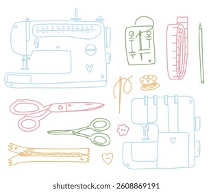 vector illustration of sewing elements. outline colorful set