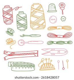vector illustration of sewing elements. outline colorful set