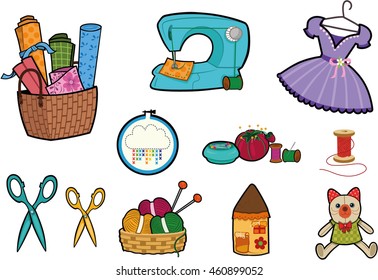 Vector illustration of sewing and hobby craft materials.