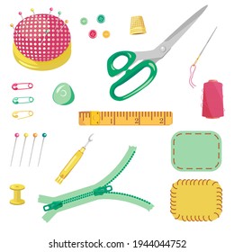 Vector illustration of sewing items isolated on a white background. A set of accessories for needlework. Spool of thread, thimble, buttons, needle, pillow for needles, scissors, patches, sewing ripper