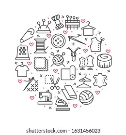 Vector illustration of sewing, knitting and needlework with yarn, sewing machine, needles, tape, zip, wool, scissors, thread, iron. Infographics for web design and poster isolated on white background.