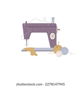 Vector illustration of sewing machine and balls of yarn in a modern flat style.