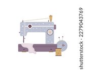 Vector illustration of sewing machine and different items, stuff in a modern flat style.