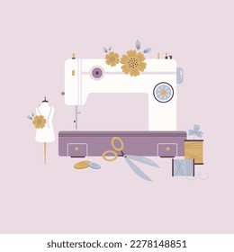 Vector illustration of sewing machine and different items, stuff in a modern flat style