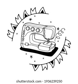 Vector illustration with a sewing machine. Isolated on a white background. Cute doodle illustrations.