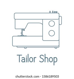 Vector illustration Sewing machine on white background Dressmaking tools. Tailor shop Atelier tailoring. Sewing workshop equipment. Design for print, website