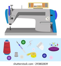Vector illustration of sewing machine and other tailor stuff. Well detailed tools.