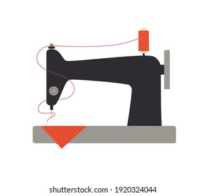 Vector illustration of a sewing machine with with red thread and fabric. Hand-drawn illustration in flat style isolated on white background. Sewing hobby concept.