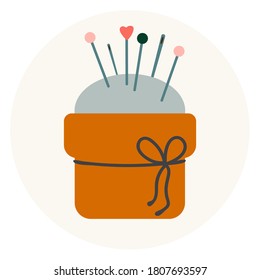 Vector illustration of sewing needles and pins in pincushion. Emblem in a circle in nice natural colors in flat style. It can be used as icon or design element for needlework site, blogs