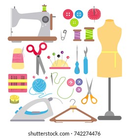 Vector illustration of sewing and needlework flat icons set isolated on white background in flat style with bright colors.