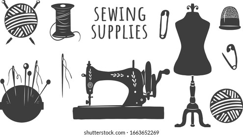 Vector illustration of sewing supplies tools and instruments icons set. Mannequin, machine, pins and needles, thread bobbin and knitting yarn ball, thimble. Vintage hand drawn style.