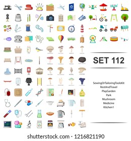 Vector illustration of sewing, tailoring, tool, kit, rest, travel, play garden park mushroom medicine kitchen icon set.