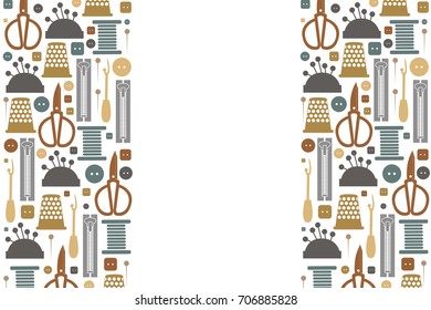 Vector illustration of sewing tools for the atelier. Sewing pattern for signs, icons, templates, banners, blog. Sewing illustration for a fabric store. Illustration for courses of cutting and sewing. 