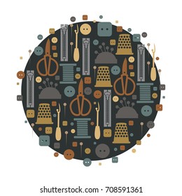 Vector illustration of sewing tools for the atelier. Sewing pattern for signs, icons, templates, banners, blog. Sewing illustration for a fabric store. Illustration for courses of cutting and sewing.