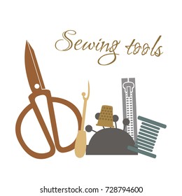 Vector illustration of sewing tools for the atelier. Sewing pattern for signs, icons, templates, banners, blog. Sewing illustration for a fabric store. Illustration for courses of cutting and sewing. 