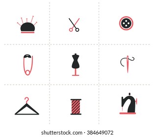 Vector illustration with sewing tools and equipment. Silhouette icons and shapes. Can be used for logo design, advertisement, shops, banners, print projects.