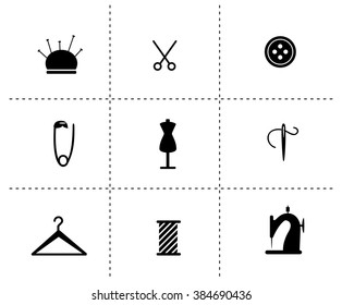Vector illustration with sewing tools and equipment. Silhouette icons and shapes. Can be used for logo design, advertisement, shops, banners, print projects.