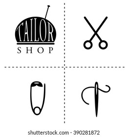Vector illustration with sewing tools and equipment. Silhouette icons and shapes. Can be used for logo design, advertisement, shops, banners, print projects.