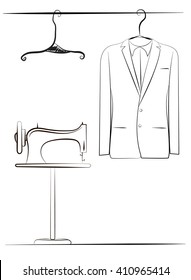 Vector illustration of sewing workshop and suit for groom