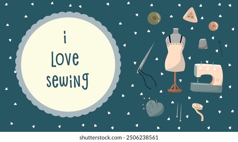 Vector illustration for sewing workshops, banners of weaving factories, tailors. Illustrations with thread, needles, thimble, sewing machine and buttons.