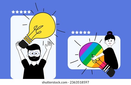 Vector illustration of sexual diversity work team, creating, having a brainstorm. Inclusive business concept, ideas. Work team with light bulb with LGBT flag colours.