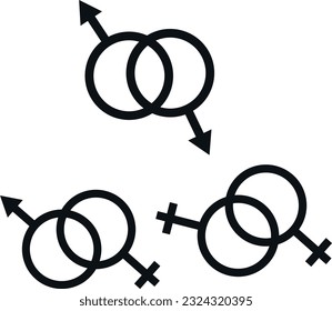 Vektorgrafik von Symbol und Symbolen des sexuellen Interkurses. Sexuelle Beziehungen, heterosexuell und homosexuell. Gerade, schwul und lesbisch.