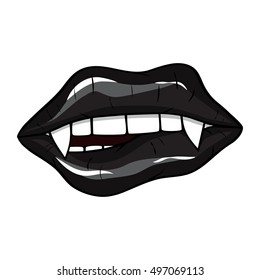 Vector illustration.  Sexy black vampire lips with fangs on white  background in the style of comics. Vector illustration for print. 