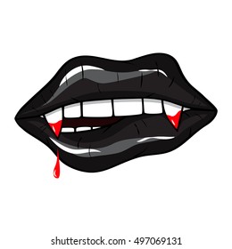 Vector illustration.  Sexy black vampire lips with  fangs and bllood on white  background in the style of comics. Vector illustration for print. 