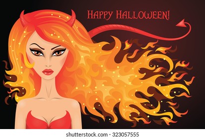 Vector illustration of a sexy devil with hair in a shape of fire. 