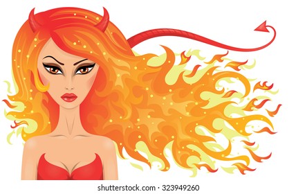 Vector illustration of a sexy devil with hair in a shape of fire. 